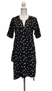 ESHAKTI Women’s Sz Medium 10 Black White Stars Asymmetrical Cut Tiered Dress