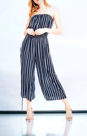 Navy Blue Striped Strapless Wide-Leg Jumpsuit