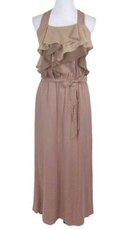 RYU Mauve Ruffle Halter Maxi Dress Smock Back Tie Waist Women’s Size Large NEW