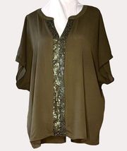 Juicy Couture Chiffon Sequin Blouse Dolman Sleeve V-Neck Green L