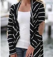 12PM by Mon Ami Black White Open Front Striped Rayon Cardigan Long Sleeve Size M