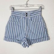 BDG White & Blue Striped High Rise Cuffed Denim Shorts