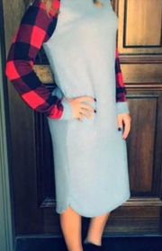 Grey Dress With Red Plaid Long Sleeves Medium