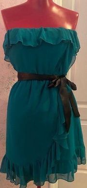 dark Teal strapless ruffled with black satin belt  dress Vintage size 8 NWT