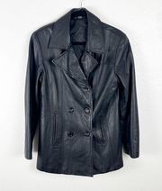 Black Genuine Leather Double Breasted Lined Coat, Size Medium