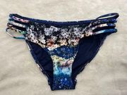 Rachel Roy Women's Bikini Bottom Blue Strappy Hips Size Medium Floral Cheeky