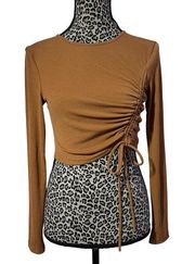 Privy Rust Ruched Drawstring Crop Top Long Sleeve Medium NWT key hole back