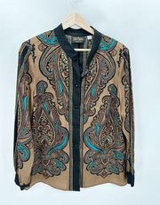 Bob Mackie Top Women LARGE Brown Cream Paisley Print Button Front Long Sleeve