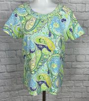 Caribbean Joe Women's Blue & Green Tropical Paisley Short Sleeve Top Size XL