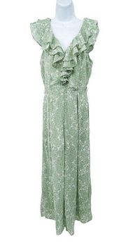 Listicle Floral Print Chiffon Ruffle Wide Leg V-Neck Jumpsuit Green Medium