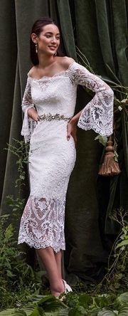 Thurley Dress Emilia Lace Semi-Sheer Off-Shoulder Bridal Ivory 8 NWT