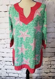 Simply Southern Womens Top Size Medium Starfish Tunic Swimsuit Cover Green Pink