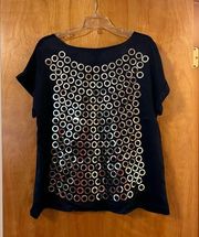 French Connection Navy Blue Metallic Circles Short Sleeve Top Blouse Size 10