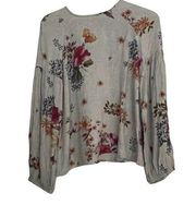 Stradivarius pheasant floral blouse w/ long puff sleeves sz M key hole back