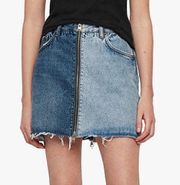 AllSaints Lomo Zippered Raw Edge Duotone Rigid Denim Skirt Sz 2