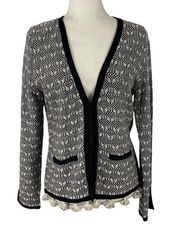 Nanette Lepore Knit Cotton Black White Cardigan with Tassels Fringe Hem Medium