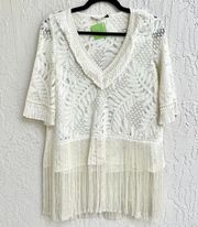 Alexis Short Sleeve Fringe Semi Sheer Embroidered Top Off White Womens Size XS/S