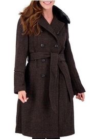 VINCE CAMUTO Double-Breasted Wool Long Coat Size small brown Plaid Faux Fur