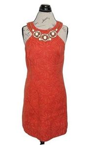 Dress Orange  Tangerine Beading Floral Textured Tropical