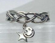 Sterling Silver Star and Smile Face Dangle  Retro Ring Adjustable