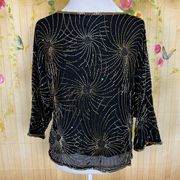 HALSTON Vintage Beaded Fireworks Black Silk Chiffon Top Size M