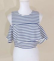 JOA white blue striped croptop cold shoulder Large