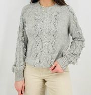 rails boho wool blend fringe detail crewneck sweater gray size s