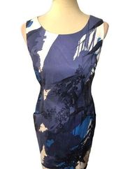 T Tahari blue and white watercolor art to wear sheath career dress fully lined s