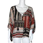 Sanctuary Shirt Womens Medium Brown Printed Tasseled Tie Kimono Top Boho Peasant