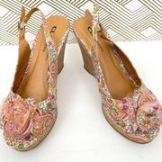 CL By Laundry Women's Ilena Paisley Cork Wedge Sandals Pink Size 10