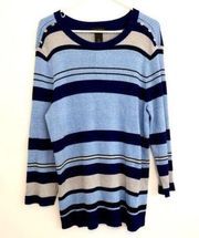 NEW NWT INVESTMENTS Plus Size Blue Light Blue Black Striped Crew Neck Sweater 1X