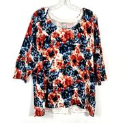 Orange & Blue Floral Printed Half Sleeve Knit Sweater Plus Size 3X