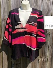 Ming Wang Medium Cardigan Jacket Sweater Top Black Pink V Neck