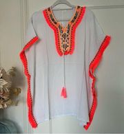 Do Everything in Love Neon Orange White Fringe Embroidered Sequin Tunic OS NWT