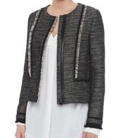 Vince Gray Tweed Fringe Trim Collarless Jacket