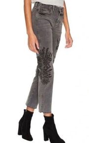 Free People We The Free Gray Black Floral Girlfriend Embroidered Raw Hem Jeans