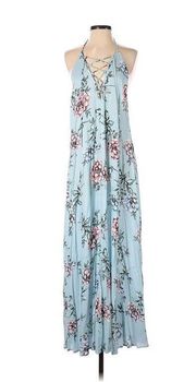 Show Me Your Mumu “ Logan” Dress Baby Blue Floral Crisscross Lace Up Halter Maxi