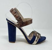 Joan and David Denim Snakeskin Leather Chunky Block High Heel Y2K Buckle Shoe 10