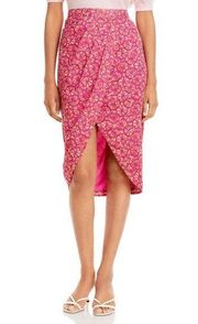 AQUA Metallic Printed Wrap Midi Skirt Women's Large Pink/Gold Pleated