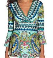 Boston Proper Border Print Flare Sleeve Twist Top Small