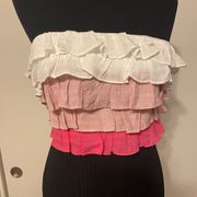 Lush, pink and white ruffle tube top lace up back size medium