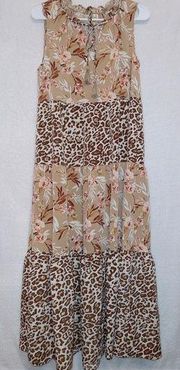 Versona Sleeveless Floral Cheetah Print Tiered Midi Dress size medium