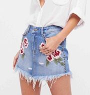 Free People Womens 27 Blue Wild Rose Ember Mini Denim Skirt Raw Hem Floral