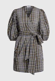 NWT  Checked Cotton-blend Seersucker Mini Wrap Dress Plaid Puff Sleeve