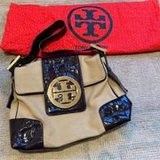 Tory Burch Beige & Dark Purple Alligator Shoulder Bag