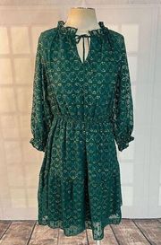 Maggy London green long sleeve gold metallic print cinched waist dress size 6