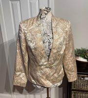 NY Vintage Brocade Jacquard Baroque Print Floral Embroidered Brooch Pin closure Fit Flare Overlay light weight fall Work business well made stunning shiny fabric funky indie street blazer jacket