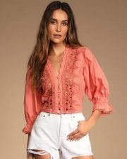 Free People Blouse Louella Embroidered Puff Sleeve Peach Pink Cotton Top Size XS