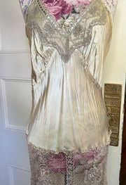 Hale Bob Long Stunning 100% silk with floral rose crochet camisole -ivory Large