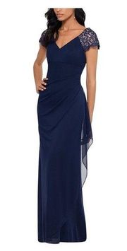 X by Xscape Lace-Sleeve Chiffon Gown Navy size 6